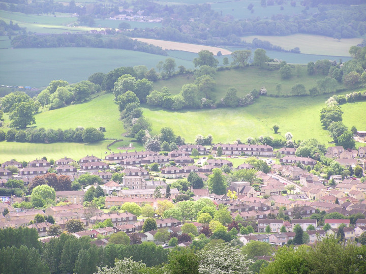 Photo of typical
          UK suburban landscape with fields in background