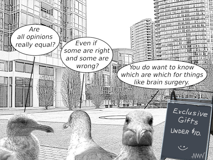 Cartoon
                                                          with seagulls:
                                                          S1 - Are all
                                                          opinions
                                                          really equal?
                                                          S2 - Even if
                                                          some are right
                                                          and world? and
                                                          some are
                                                          wrong? What an
                                                          absurd
                                                          statement S3 -
                                                          You do want to
                                                          know which are
                                                          which bodies
                                                          which for
                                                          things like
                                                          brain surgery