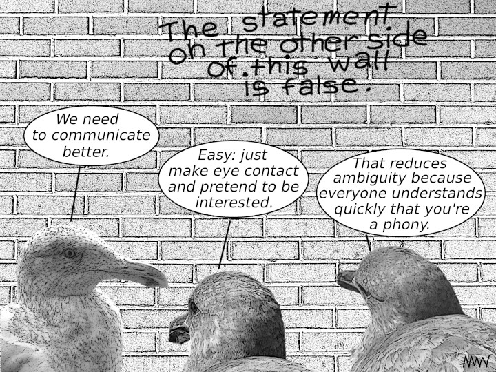 Cartoon
                                                          of seagulls
                                                          remarking on
                                                          how to
                                                          possibly
                                                          improve their
                                                          communication
                                                          skills