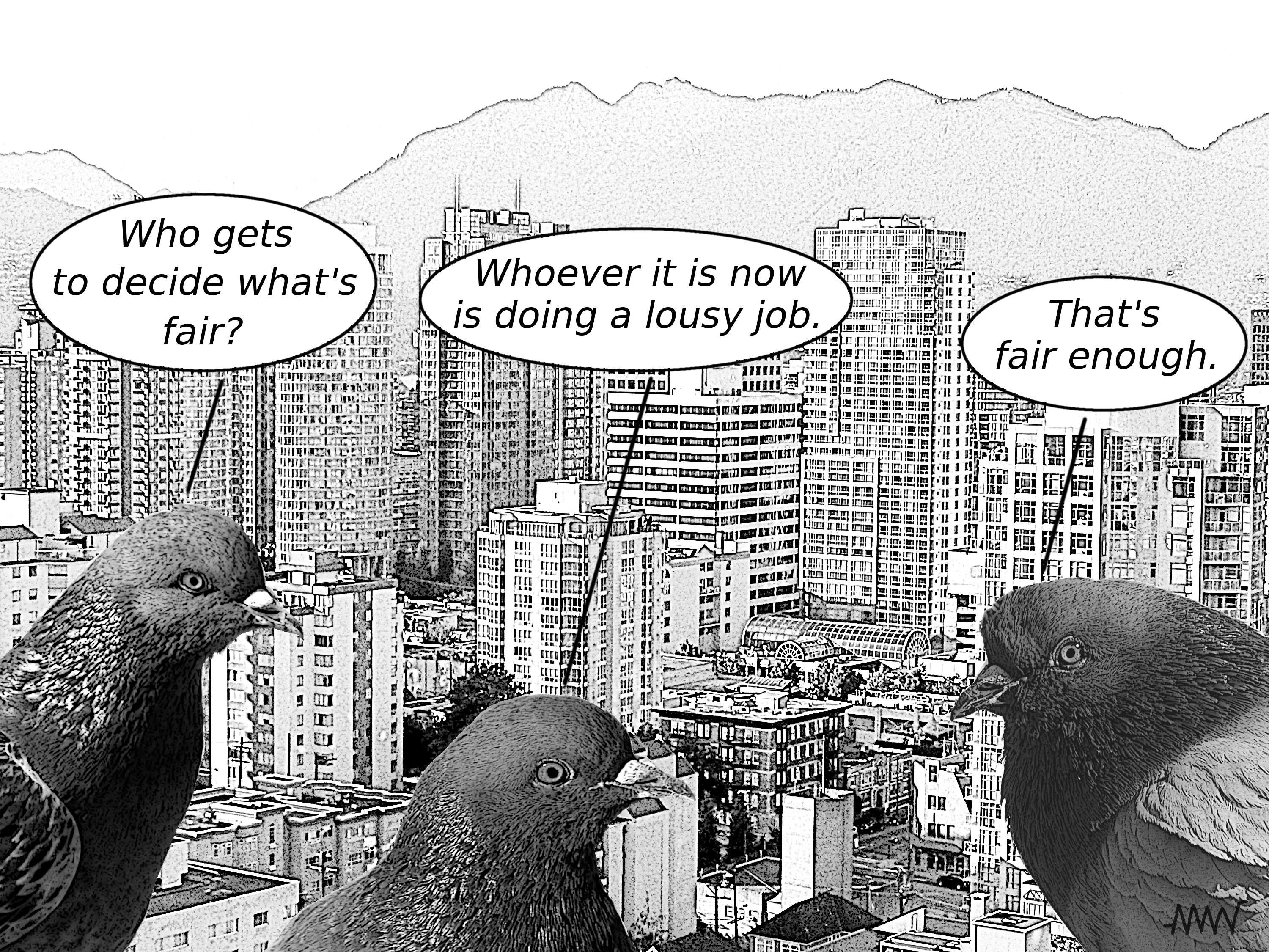 Cartoon
                                                          of corvids
                                                          wondering who
                                                          gets to decide
                                                          what's fair