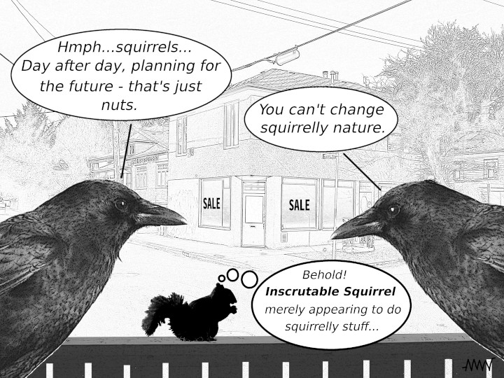 Cartoon
                                                          with corvids:
                                                          C1 -
                                                          Hmmph...squirrels...
                                                          day after day
                                                          just planning
                                                          for the
                                                          future. That's
                                                          just nuts! *
                                                          C2 - You just
                                                          can't change
                                                          squirrely
                                                          nature.
                                                          Inscrutable
                                                          Squirrel -
                                                          Behold:
                                                          Inscrutable
                                                          Squirrel -
                                                          merely
                                                          appearing
                                                          pretending to
                                                          do squirrely
                                                          stuff